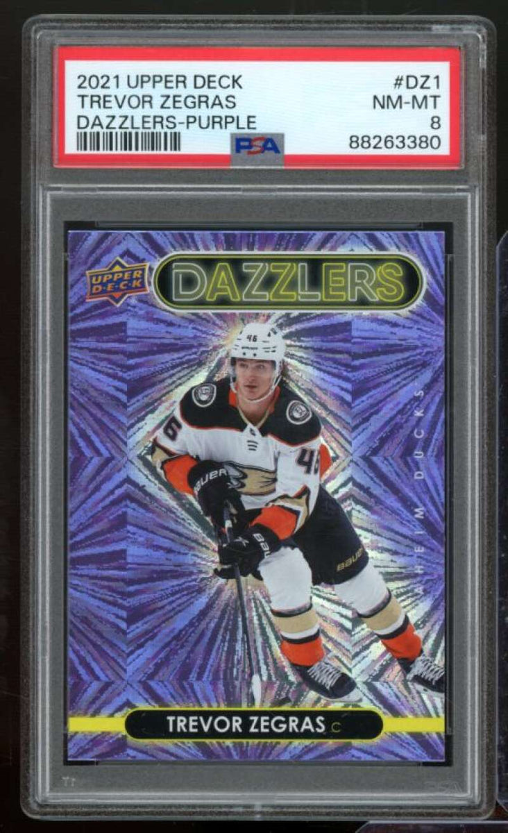 Trevor Zegras Card 2021-22 Upper Deck Dazzlers Purple #DZ-1 PSA 8