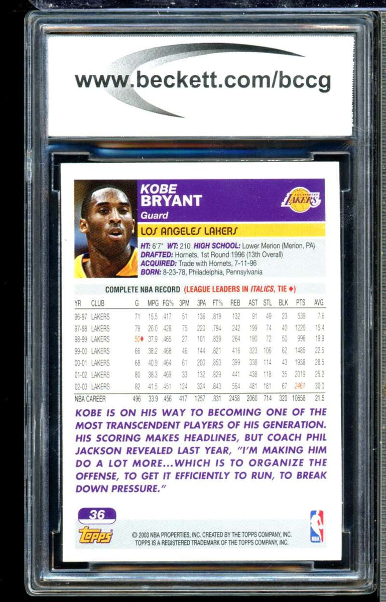 2003-04 Topps #36 Kobe Bryant Card BGS BCCG 9 Near Mint+
