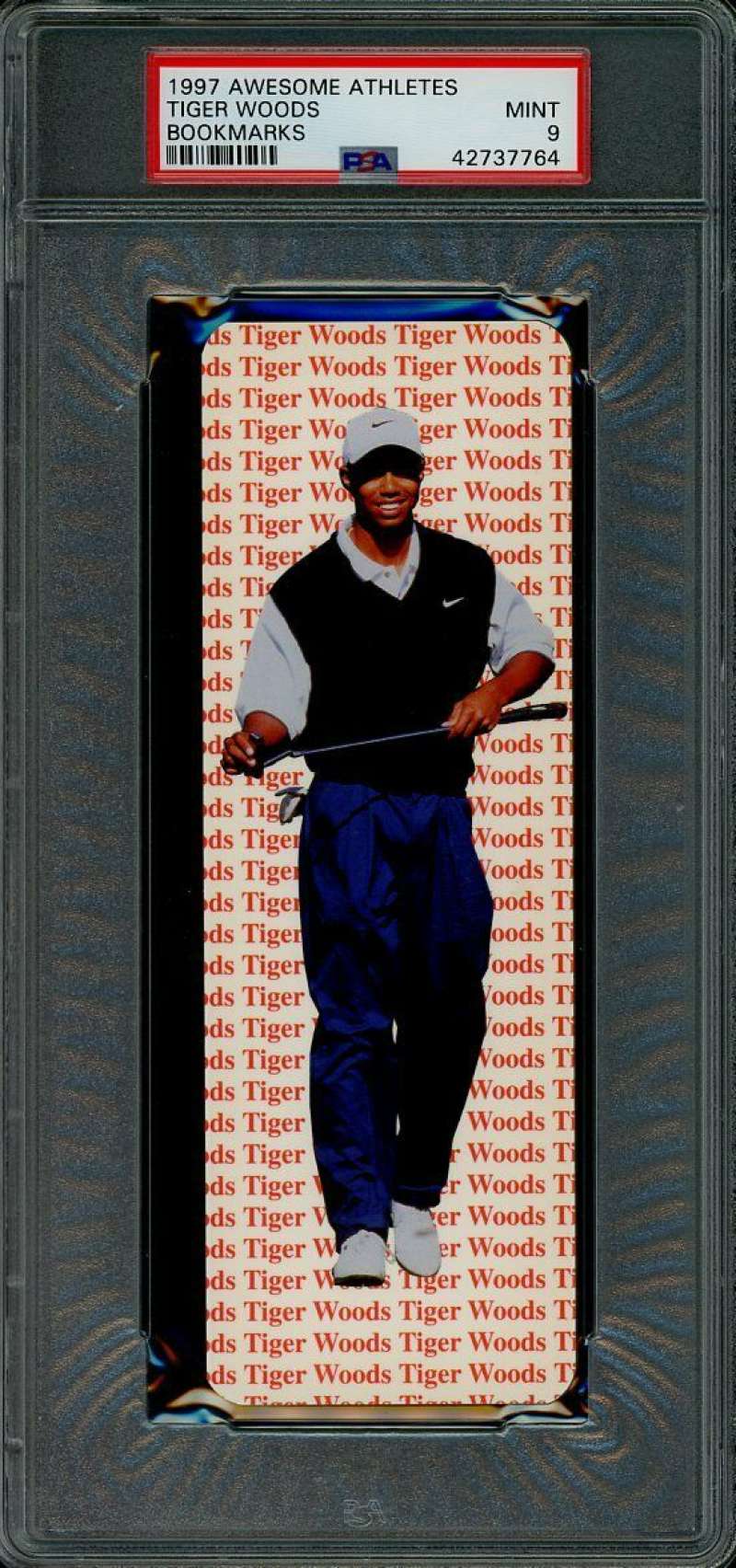 1997 Awesome Athletes Tiger Woods Book Marks Rookie Card Graded PSA 9 Mint   Image 1