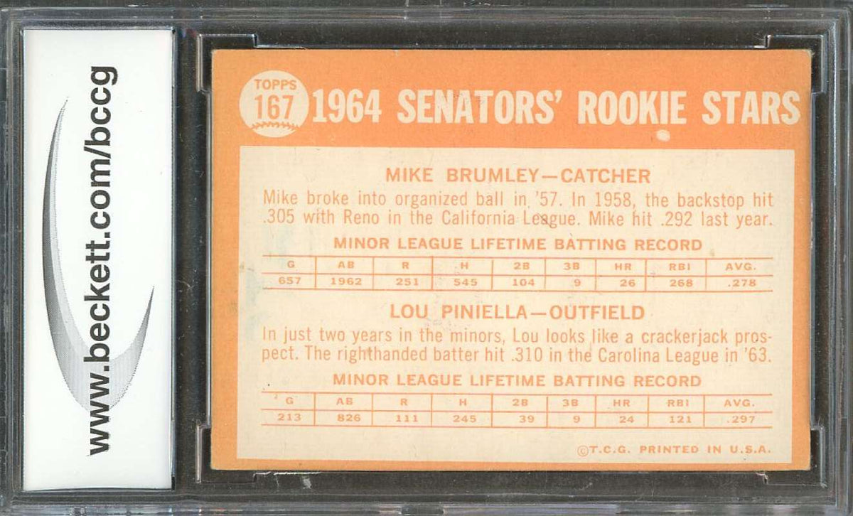 Mike Brumley/ Lou Piniella Rookie Card 1964 Topps #167 Senators BGS BCCG 8