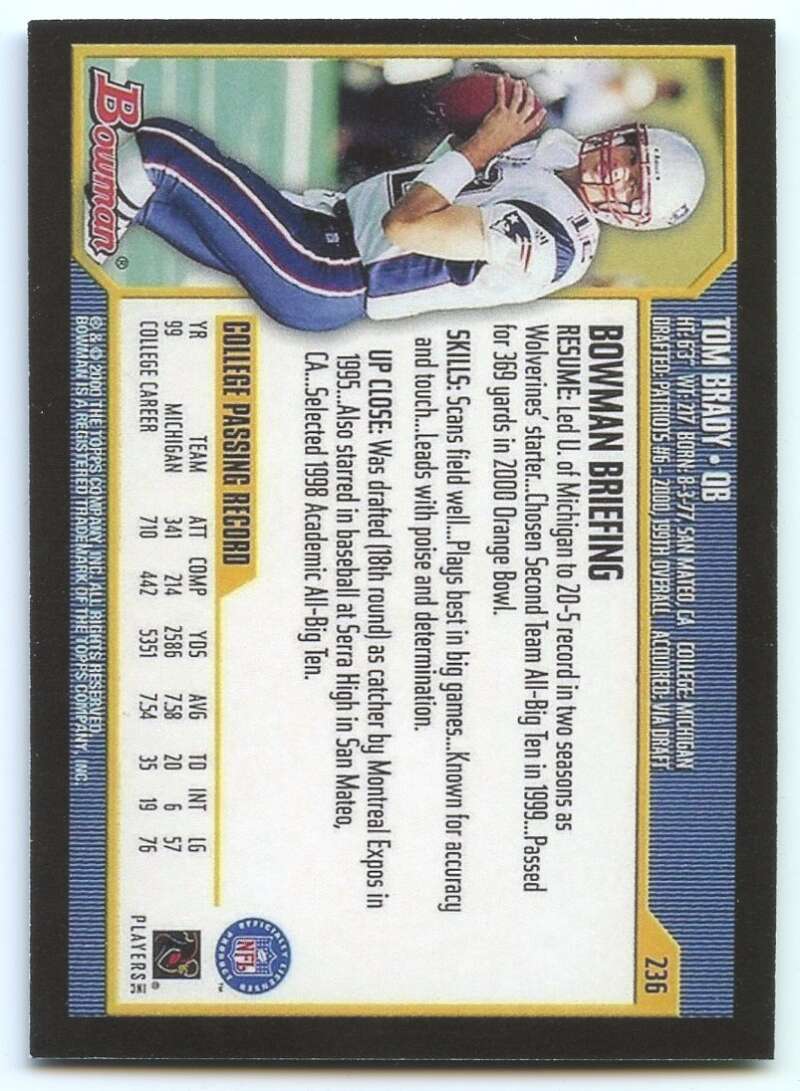 Tom Brady Rookie REPRINT Card 2000 Bowman #236 Image 2