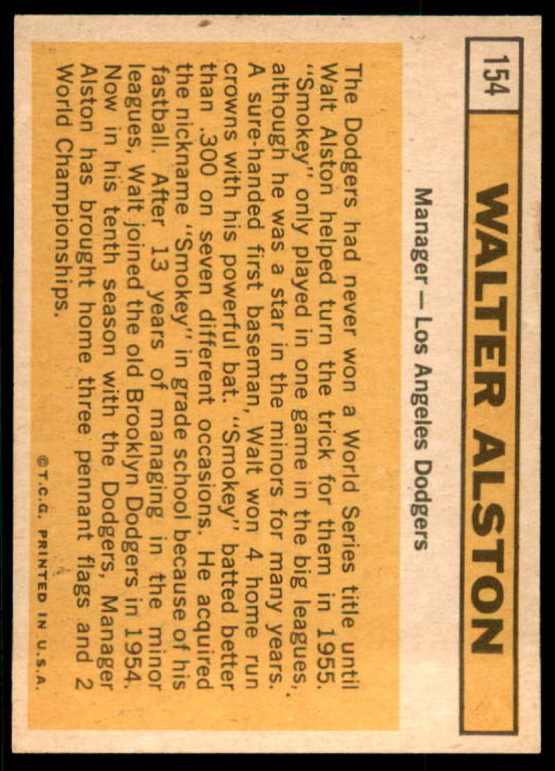 Walter Alston MG Card 1963 Topps #154 Image 2
