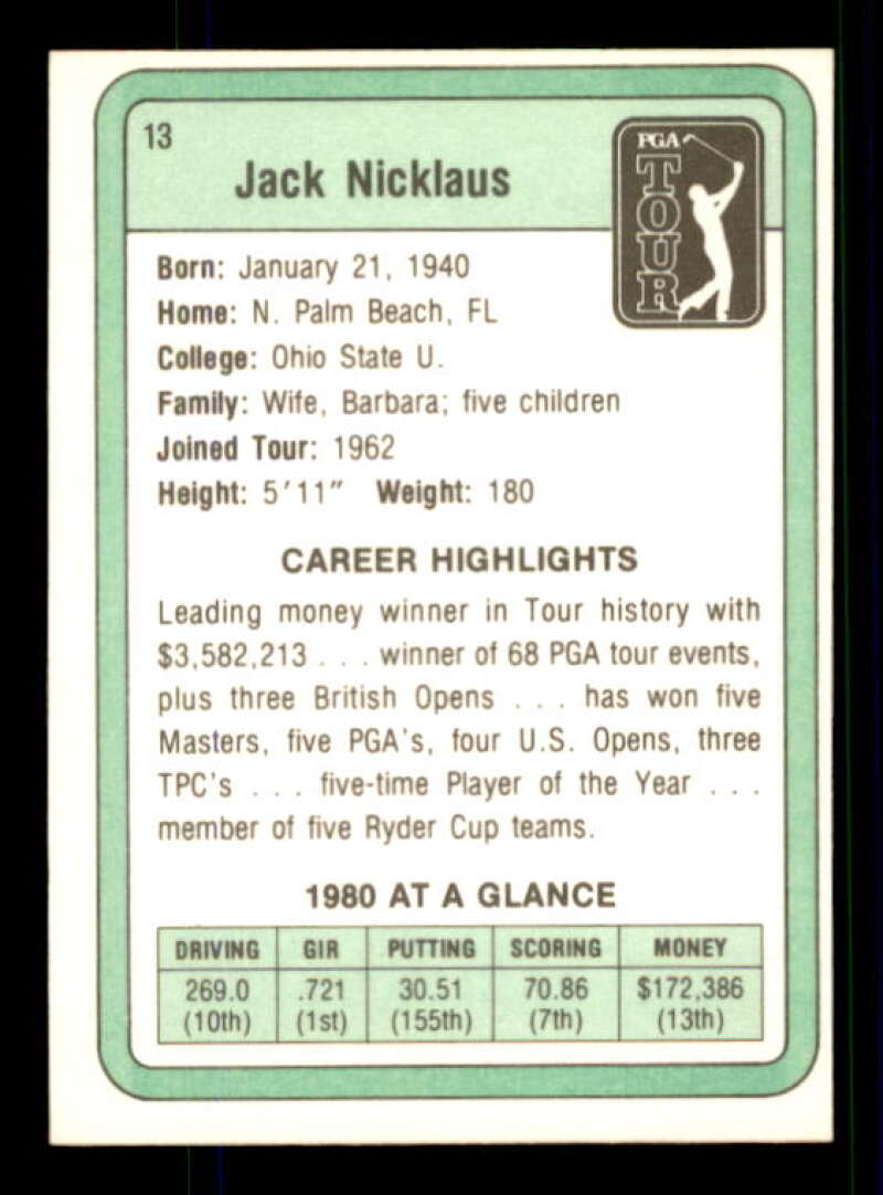 Jack Nicklaus Rookie Card Golf 1981 Donruss #13 Image 2