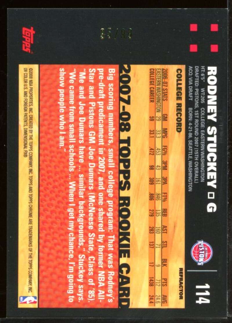 Rodney Stuckey Card 2007-08 Topps Chrome Refractors White #114 Image 2