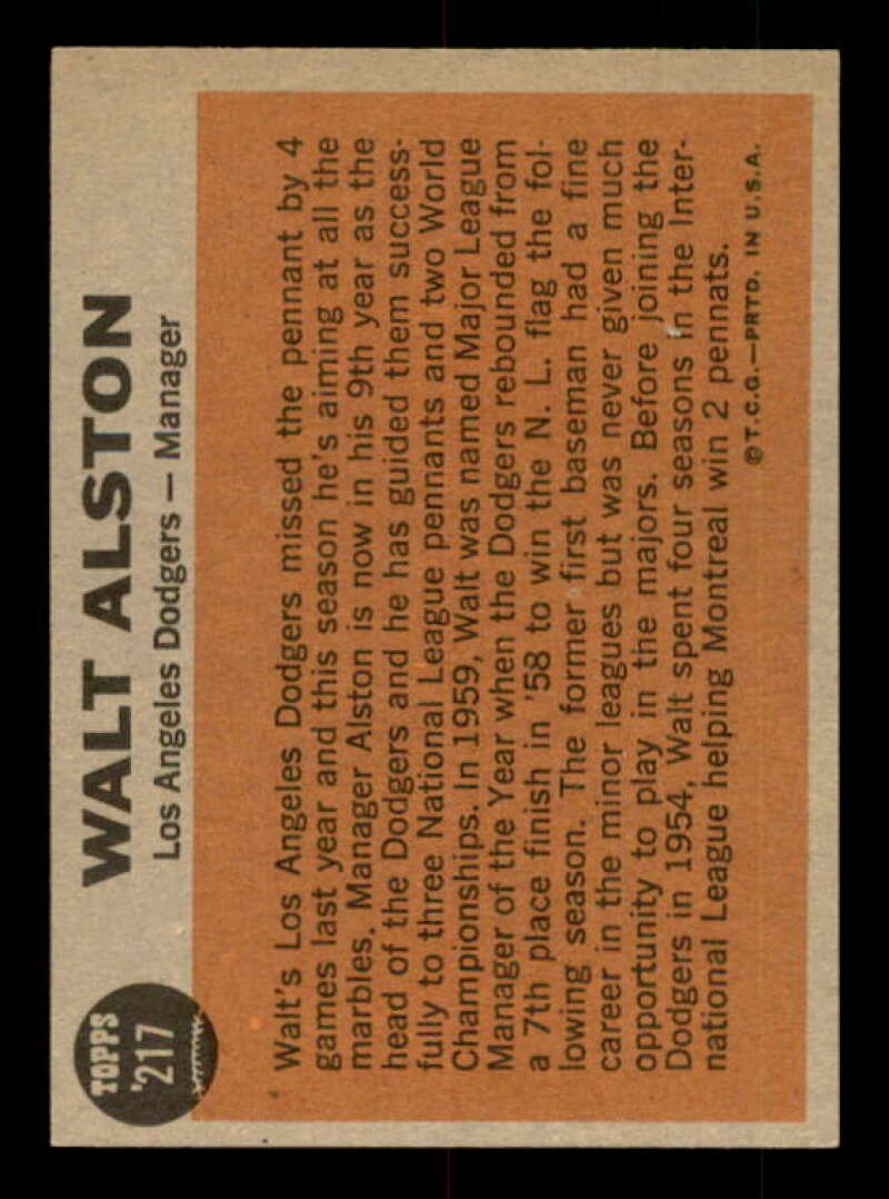 Walter Alston MG Card 1962 Topps #217 Image 2
