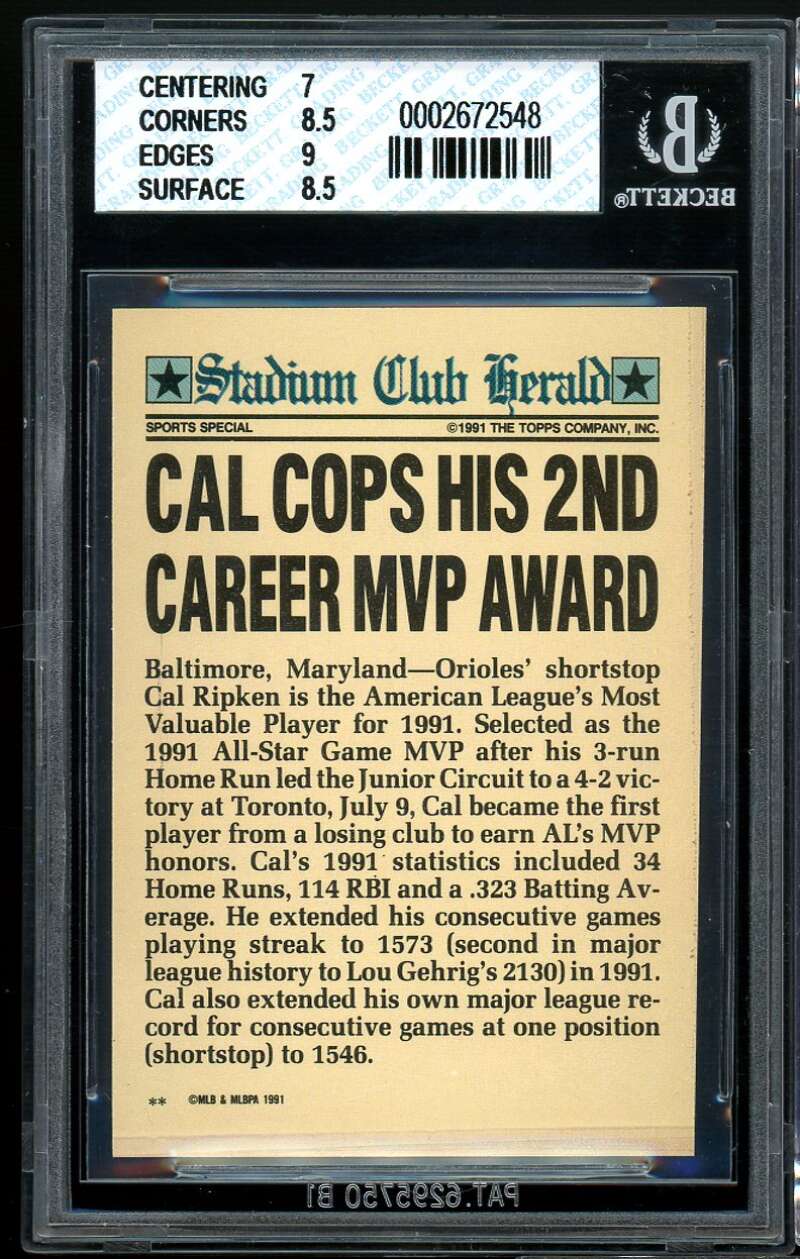 Cal Ripken Jr. Card 1991 Stadium Club Members Only #26 BGS 7.5 (7 8.5 9 8.5) Image 2