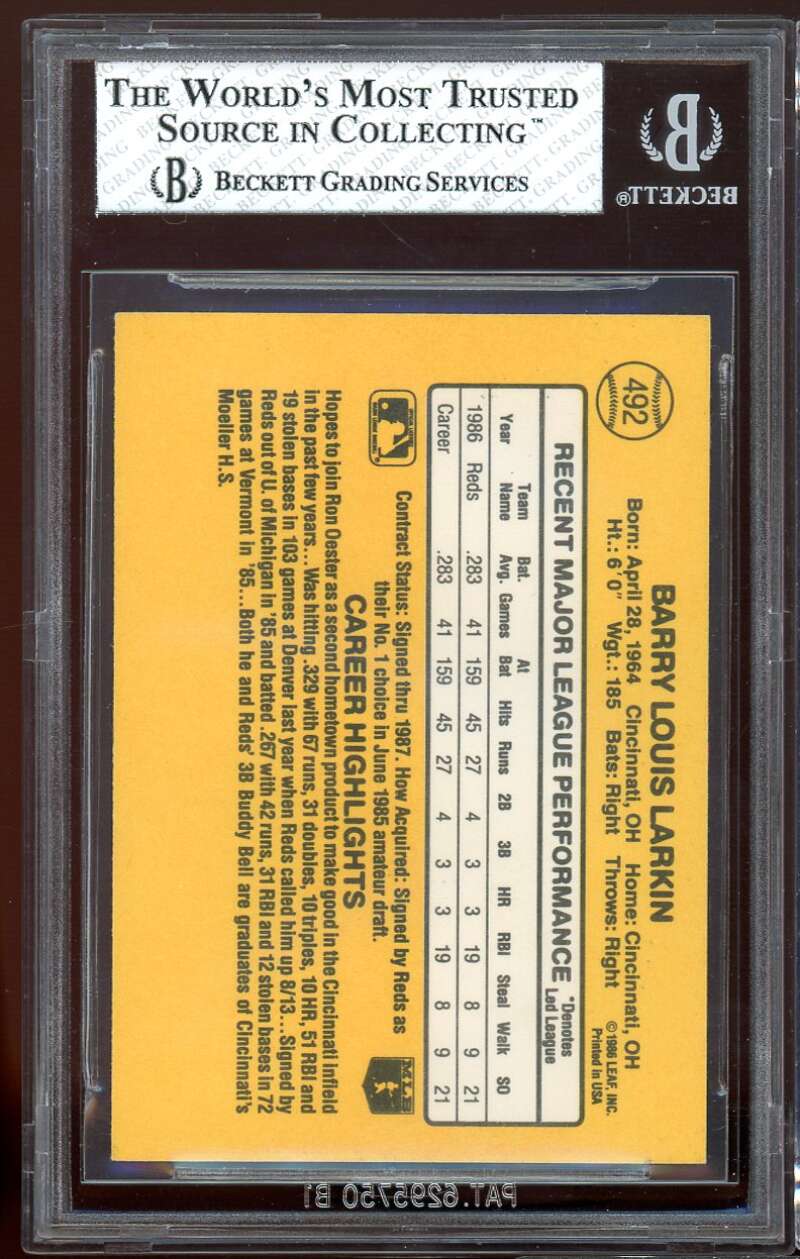 Barry Larkin Rookie Card 1987 Donruss #492 BGS 7 (8.5 6.5 8.5 8) Image 2