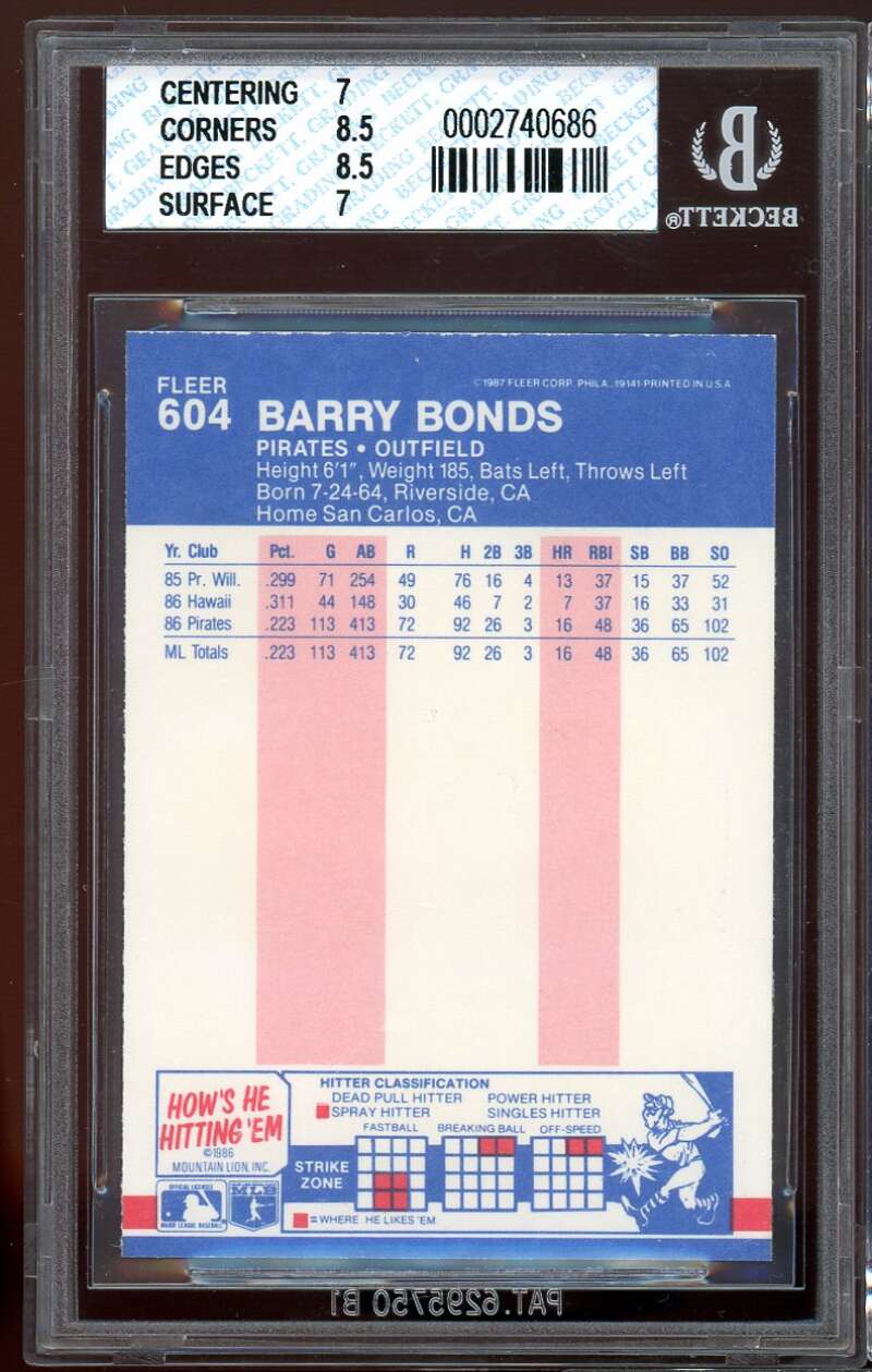 Barry Bonds Rookie Card 1987 Fleer #604 BGS 7 (7 8.5 8.5 7) Image 2