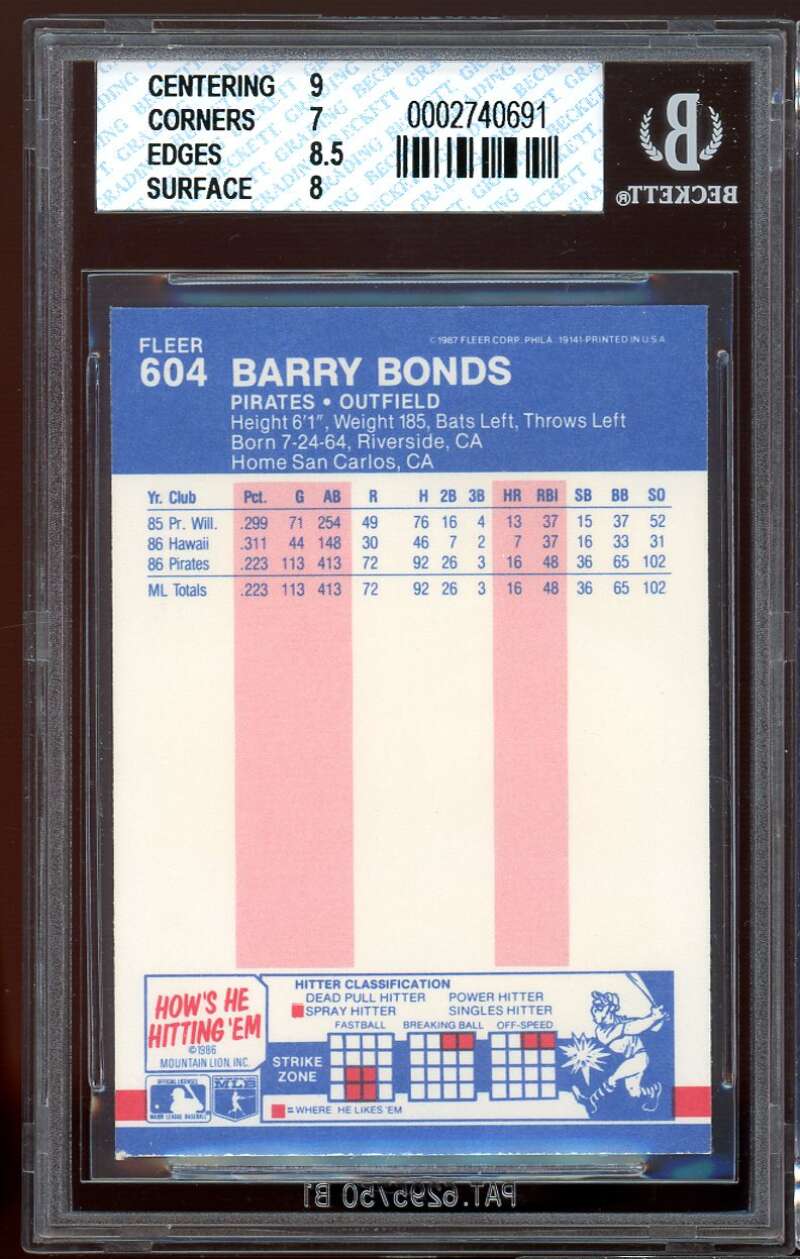 Barry Bonds Rookie Card 1987 Fleer #604 BGS 7.5 (9 7 8.5 8) Image 2