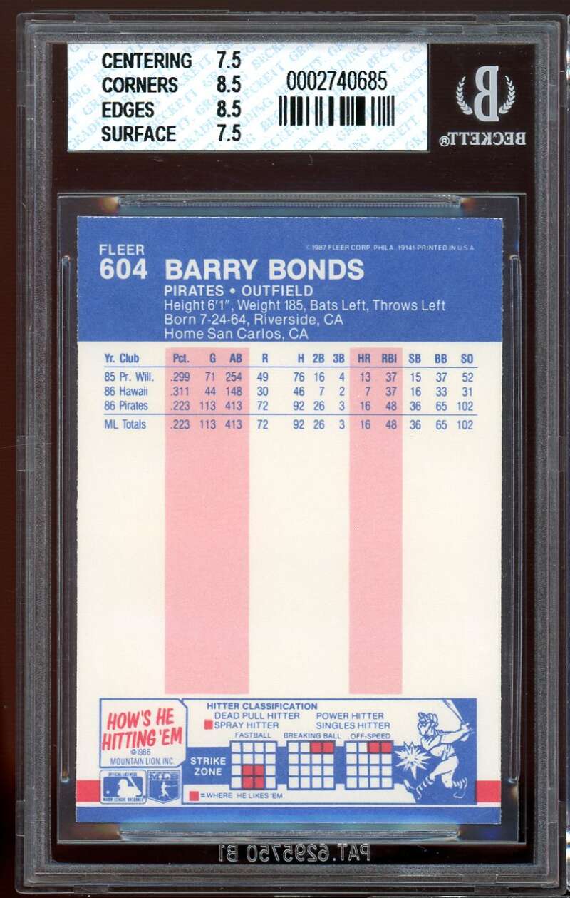 Barry Bonds Rookie Card 1987 Fleer #604 BGS 7.5 (7.5 8.5 8.5 7.5) Image 2