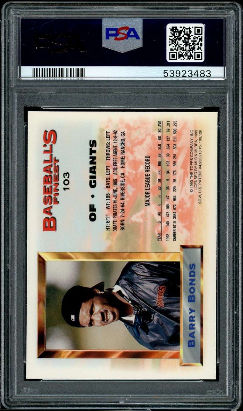 Barry Bonds Card 1993 Finest #103 PSA 8 Image 2