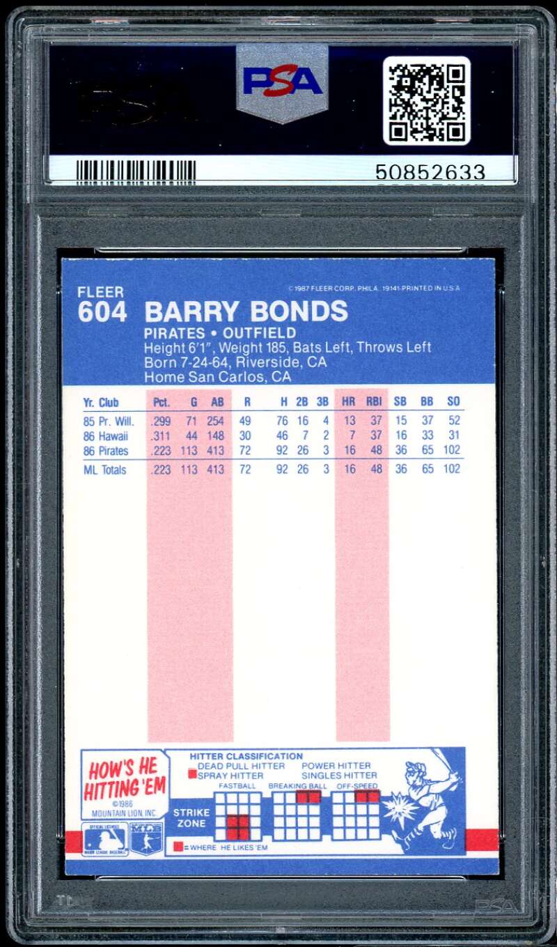 Barry Bonds Rookie Card 1987 Fleer #604 PSA 6 Image 2