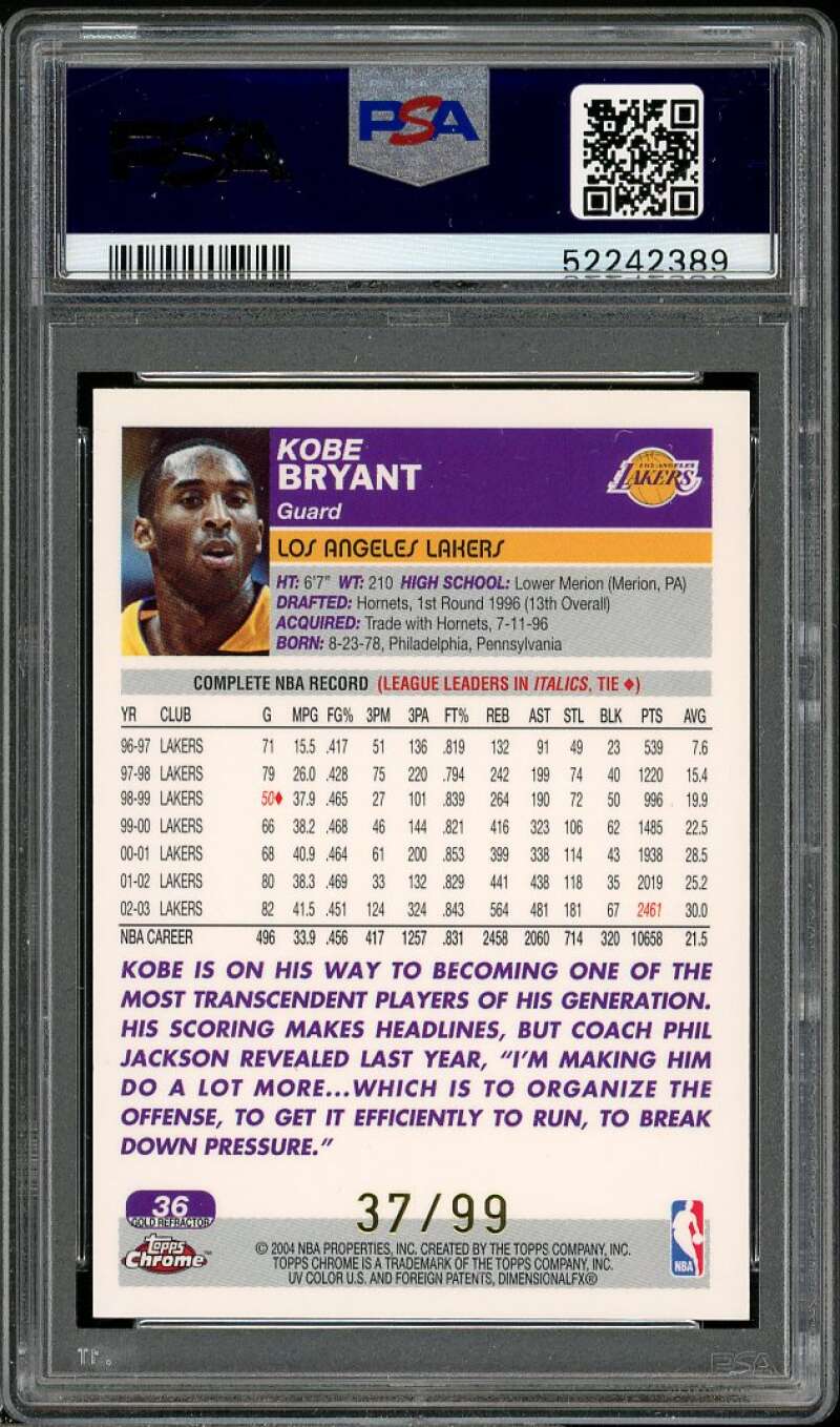 Kobe Bryant Card 2003-04 Topps Chrome Gold Refractors #36 PSA 9 Image 2