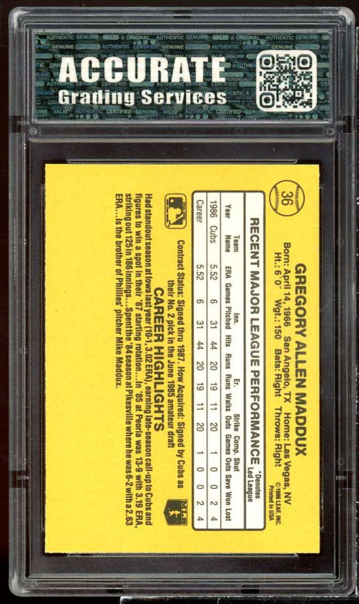 1987 Donruss #36 Greg Maddux Cubs Rated Rookie Card PSA 9 MINT