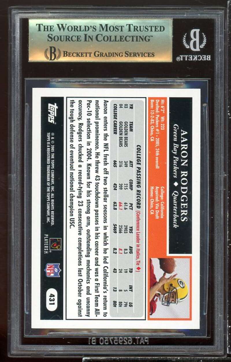 Aaron Rodgers Rookie Card 2005 Topps #431 BGS 9.5 Image 2