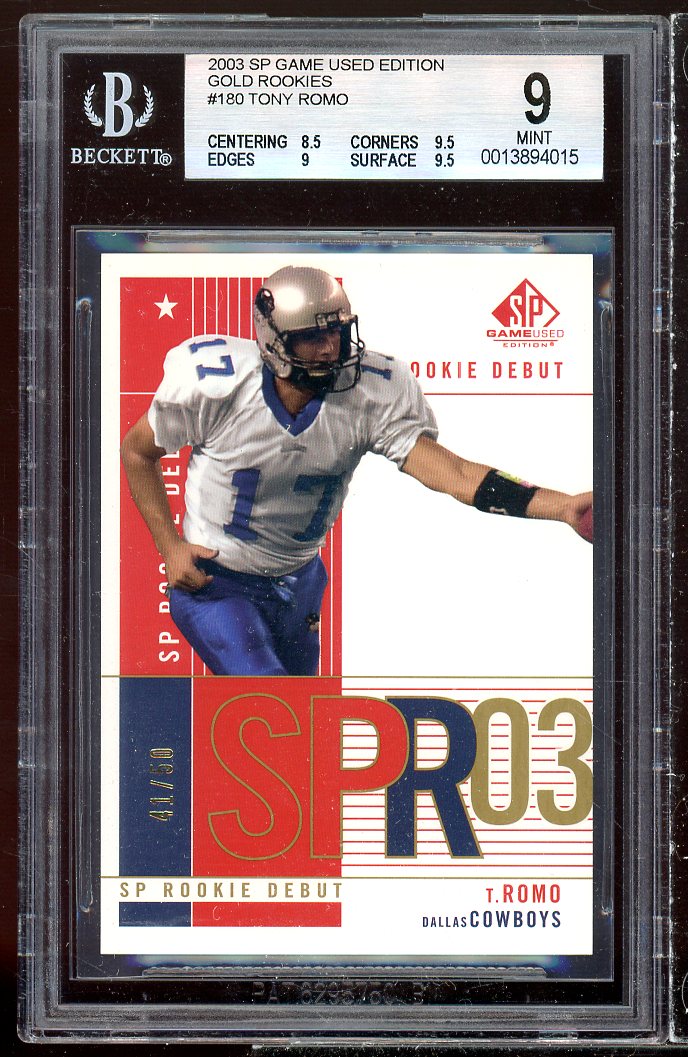 Tony Romo Rookie Card 2003 SP Game Used Editon Gold #180 (POP 2) BGS 9 Image 1