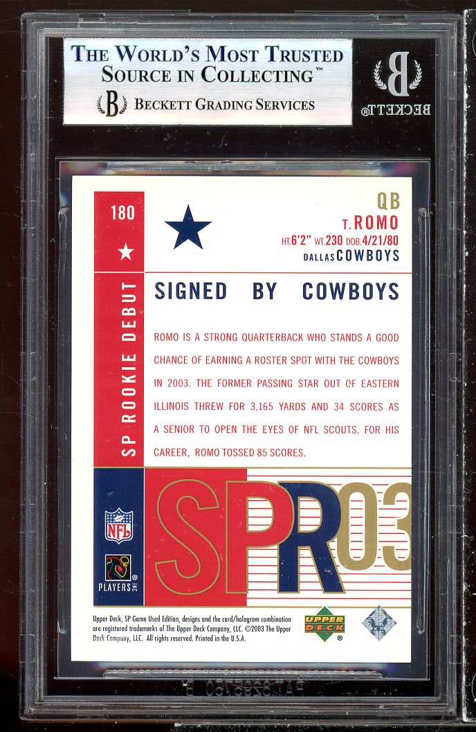 Tony Romo Rookie Card 2003 SP Game Used Editon Gold #180 (POP 2) BGS 9 Image 2