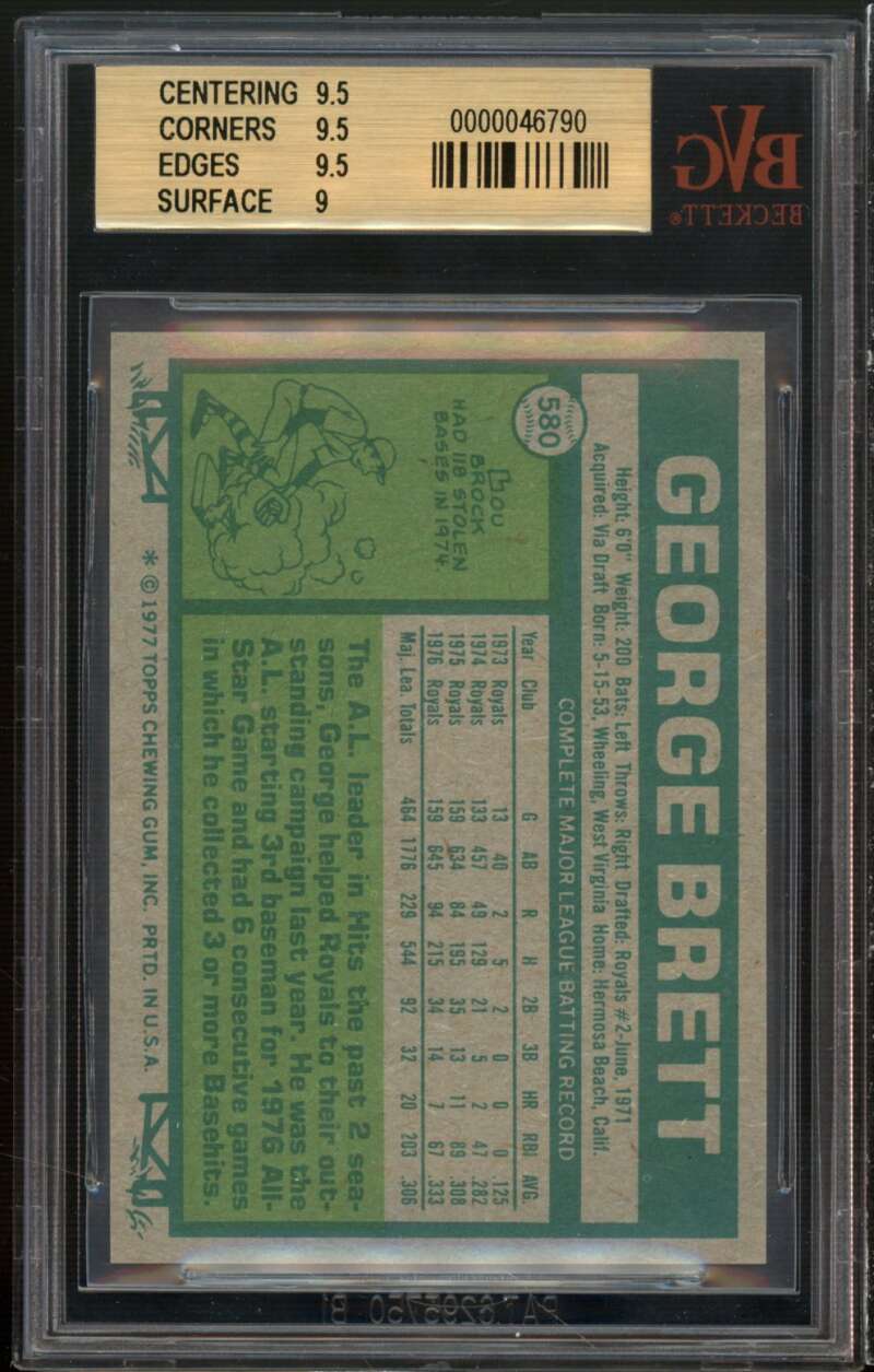 George Brett Card 1977 Topps #580 (pop 2) BGS BVG 9.5 (9.5 9.5 9.5 9) Image 2