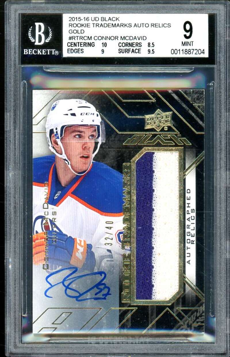 Connor McDavid Rookie 2015-16 UD Black Trademarks Auto Relics Gold #CM BGS 9 Image 1