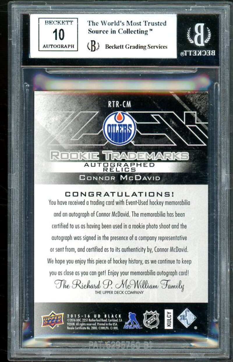 Connor McDavid Rookie 2015-16 UD Black Trademarks Auto Relics Gold #CM BGS 9 Image 2