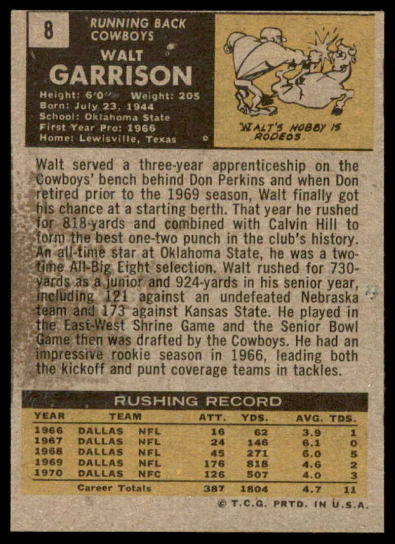 Walt Garrison Rookie Card 1971 Topps #8  Image 2