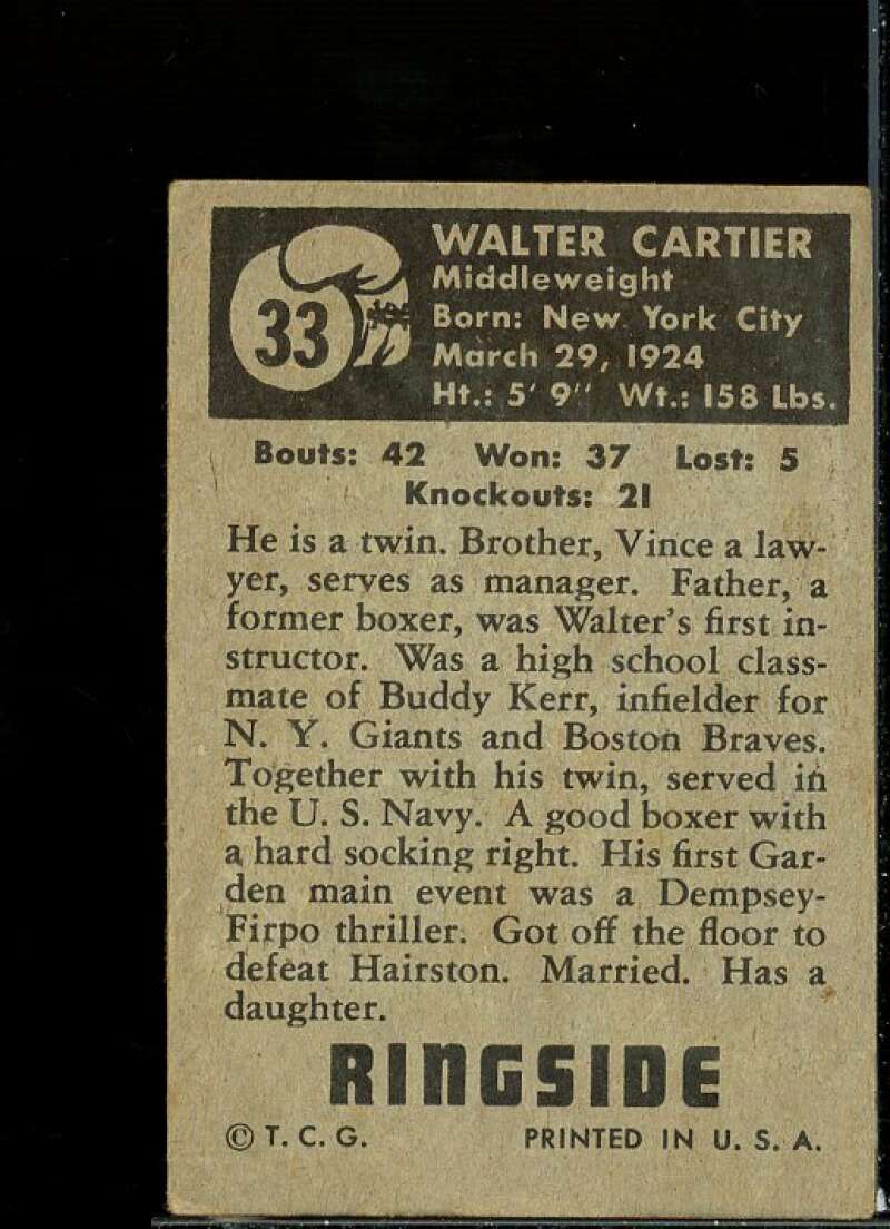 Walter Cartier Card 1951 Topps Ringside #33  Image 2