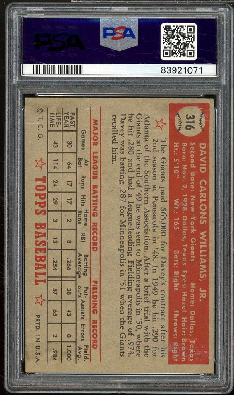 Dave Williams Card 1952 Topps #316 PSA 5 Image 2
