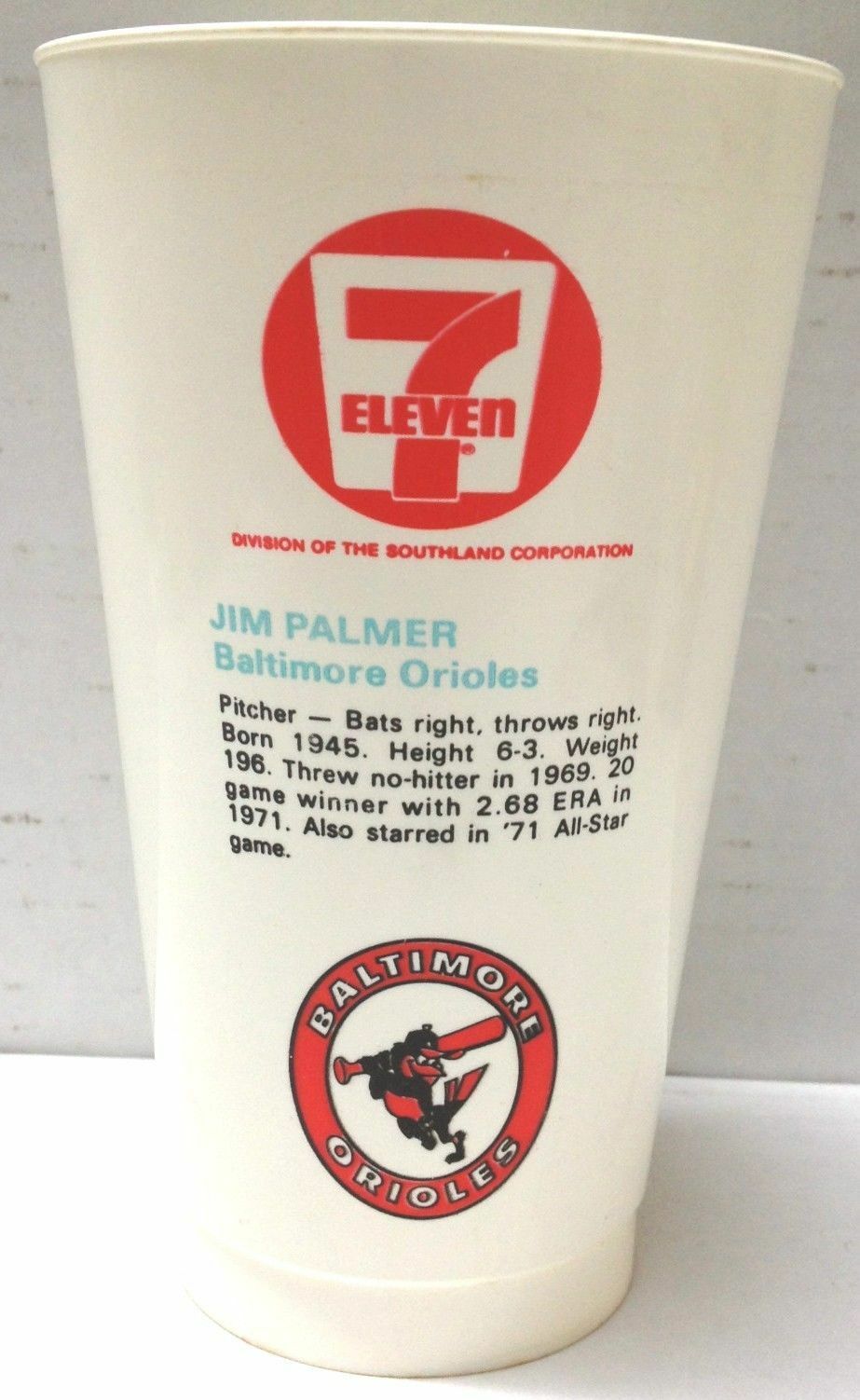 1970's JIM PALMER baltimore orioles 7ELEVEN souvenir cup vintage MLB Image 2