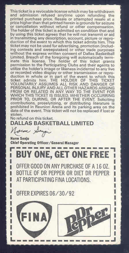 1991-92 November 16, 1991 Mavericks vs Suns Reunion Arena Courtside Ticket Image 2