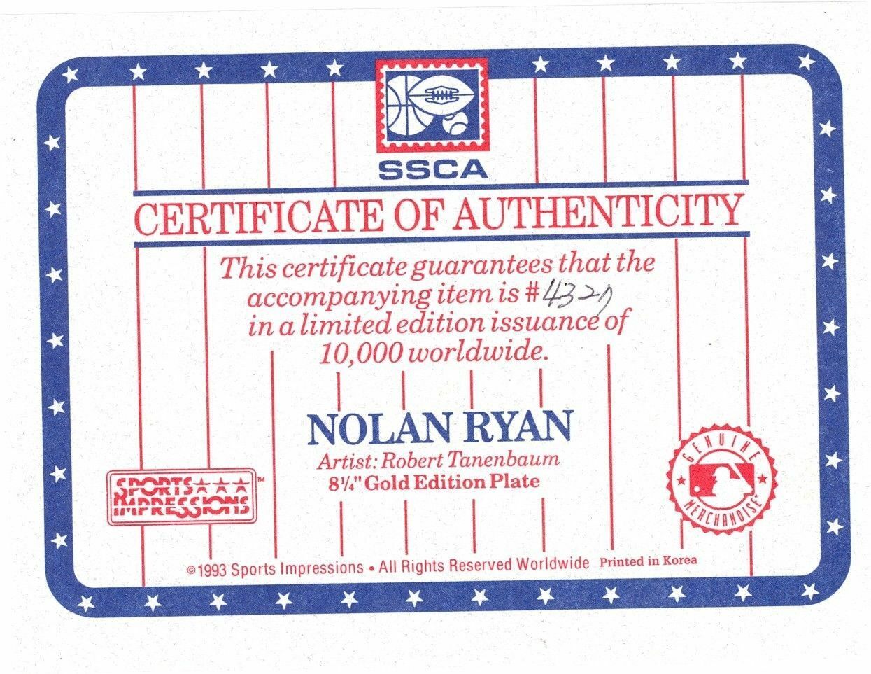 1993 NOLAN RYAN "Farewell" Collectible Gold Edition Plate TEXAS RANGERS MLB COA Image 3