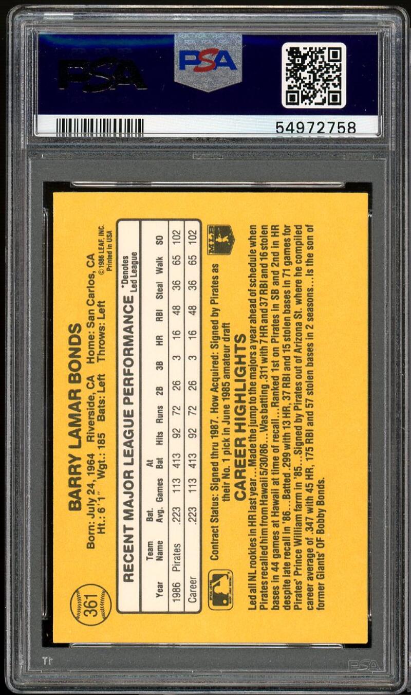 Barry Bonds Rookie Card 1987 Donruss #361 PSA 9 Image 2