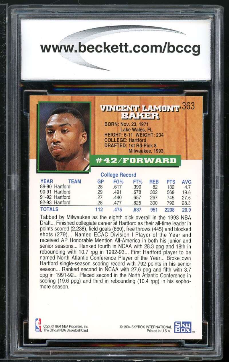 Vin Baker Rookie Card 1993-94 Hoops #363 BGS BCCG 10 Image 2