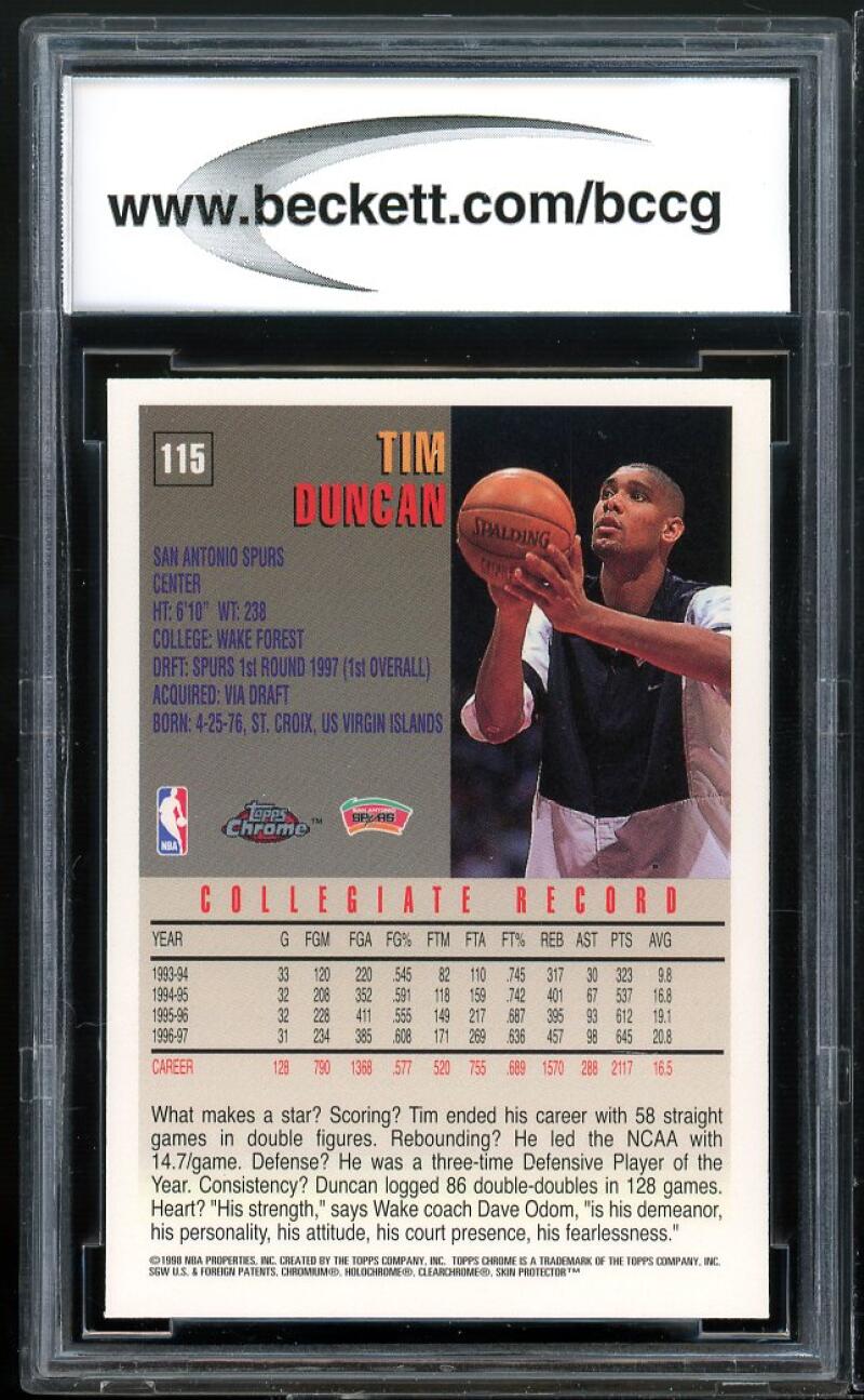 1997-98 Topps Chrome #115 Tim Duncan Rookie Card BGS BCCG 10 Mint Image 2