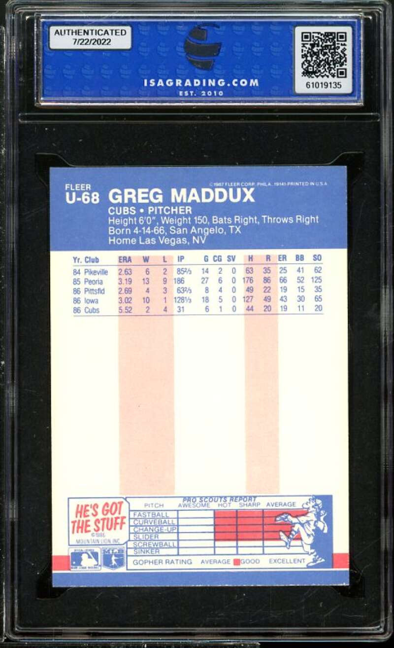 Greg Maddux Rookie Card 1987 Fleer Update #U-68 ISA 9 MINT Image 2