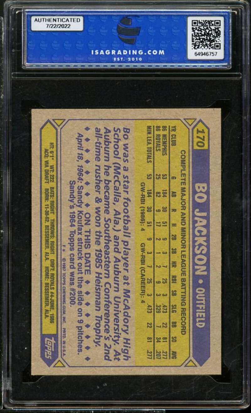 Bo Jackson Rookie Card 1987 Topps #170 ISA 10 GEM MINT Image 2