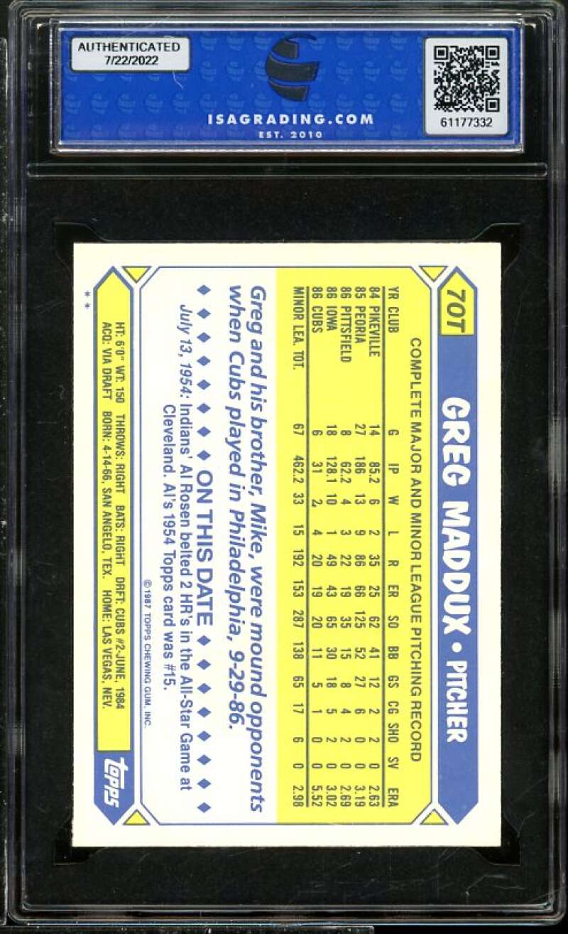 Greg Maddux Rookie Card 1987 Topps Traded #70T ISA 10 GEM MINT Image 2