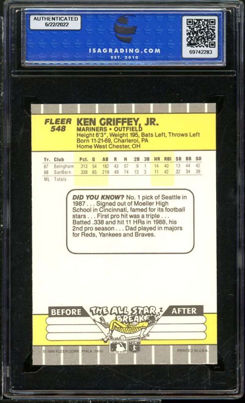 Ken Griffey jr Rookie Card 1989 Fleer #58 ISA 10 GEM MINT Image 2