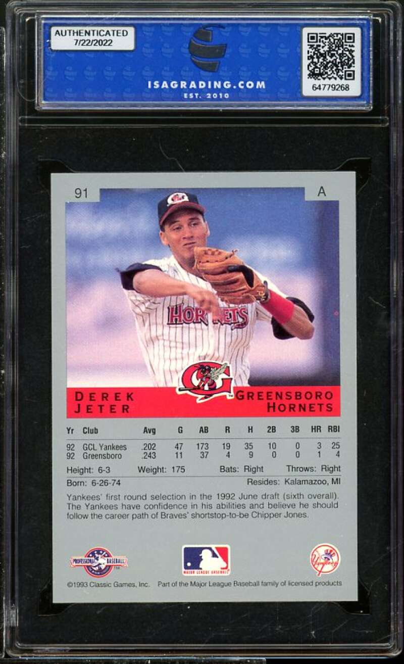 Derek Jeter Rookie Card 1993 Classic Best #91 ISA 8.5 NM-MT+ Image 2