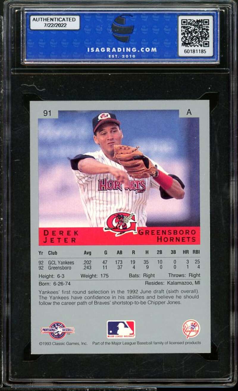 Derek Jeter Rookie Card 1993 Classic Best #91 ISA 9 MINT Image 2