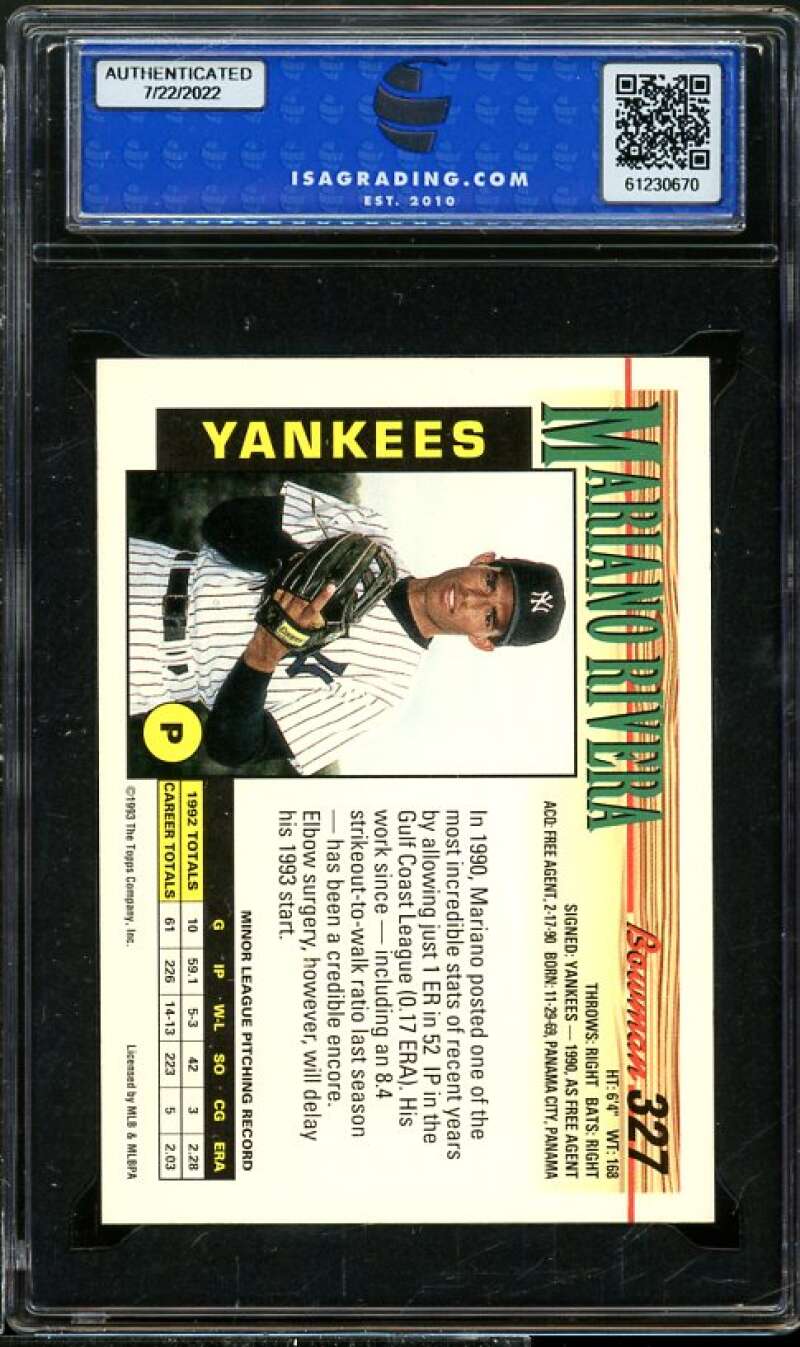 Mariano Rivera Card 1993 Bowman #329 ISA 9 MINT Image 2