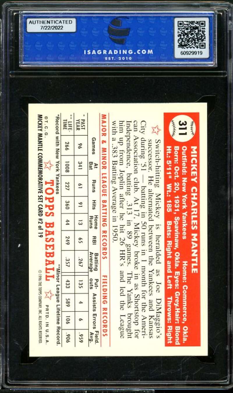 Mickey Mantle Card 1996 Topps Reprint #2 1952 Topps ISA 8.5 NM-MT+ Image 2