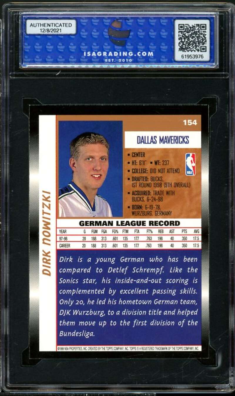 Dirk Nowitzki Rookie Card 1998-99 Topps #154 ISA 9 MINT Image 2