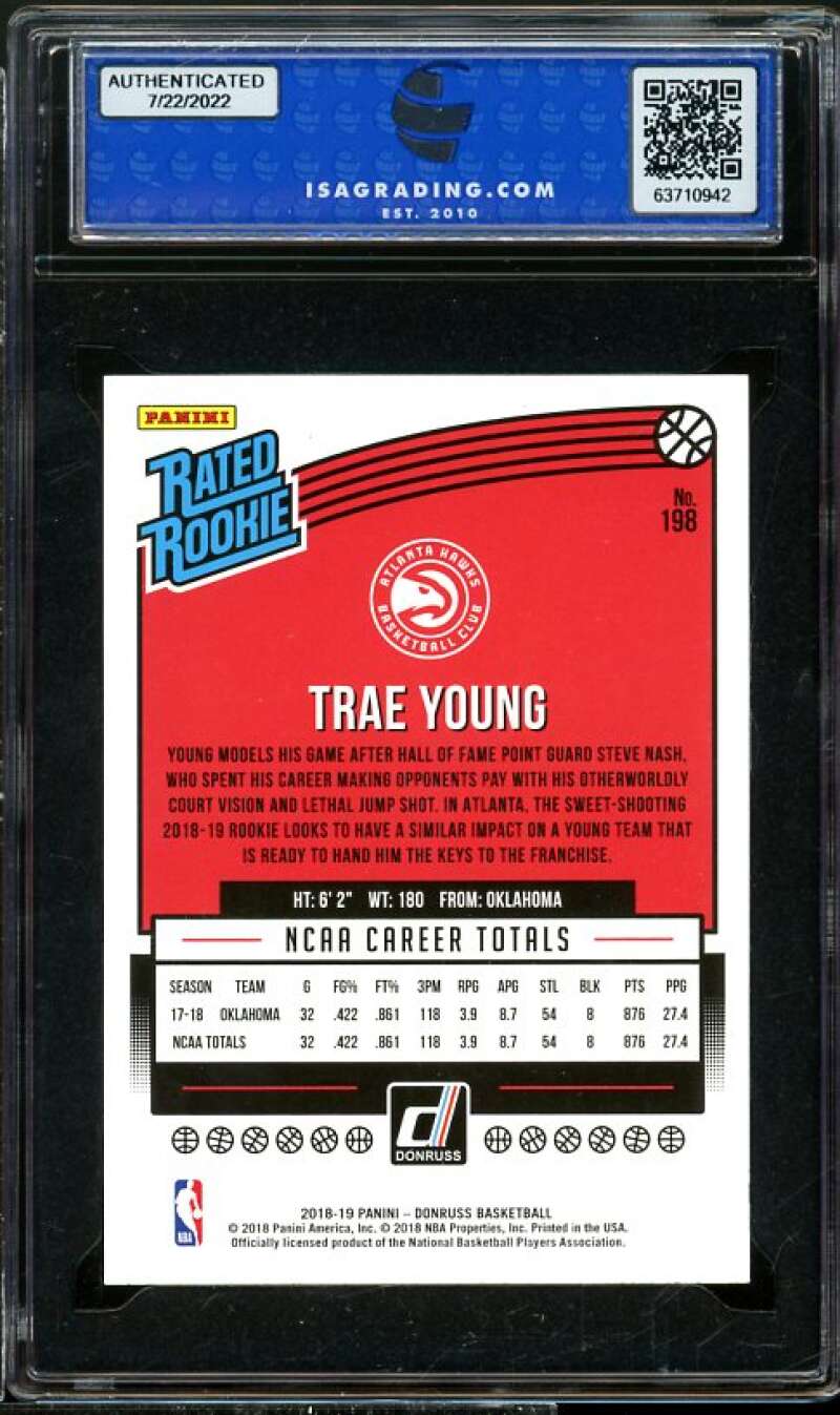 Trae Young Rookie Card 2018-19 Panini Donruss #198 ISA 10 GEM MINT Image 2