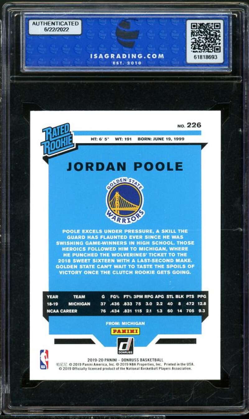 Jordan Poole Rookie Card 2019-20 Panini Donruss #226 ISA 9 MINT Image 2