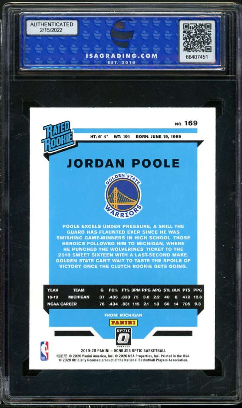 Jordan Poole Rookie Card 2019-20 Panini Donruss Optic #169 ISA 9 MINT Image 2