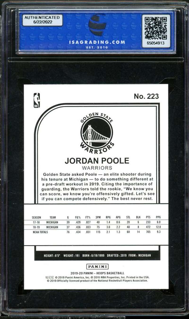 Jordan Poole Rookie Card 2019-20 Panini Hoops #223 ISA 10 GEM MINT Image 2