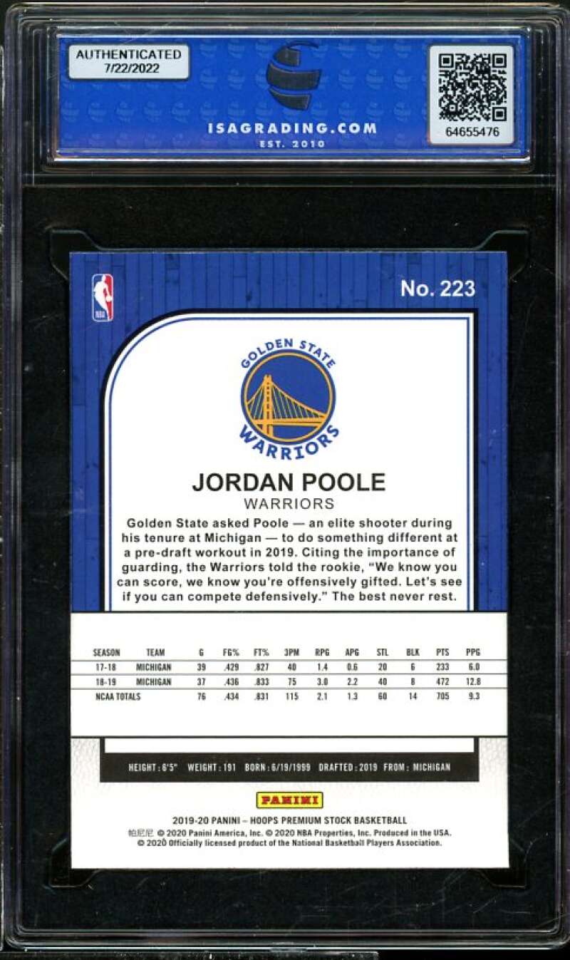 Jordan Poole Rookie Card 2019-20 Panini Hoops Premium Stock #223 ISA 9 MINT Image 2