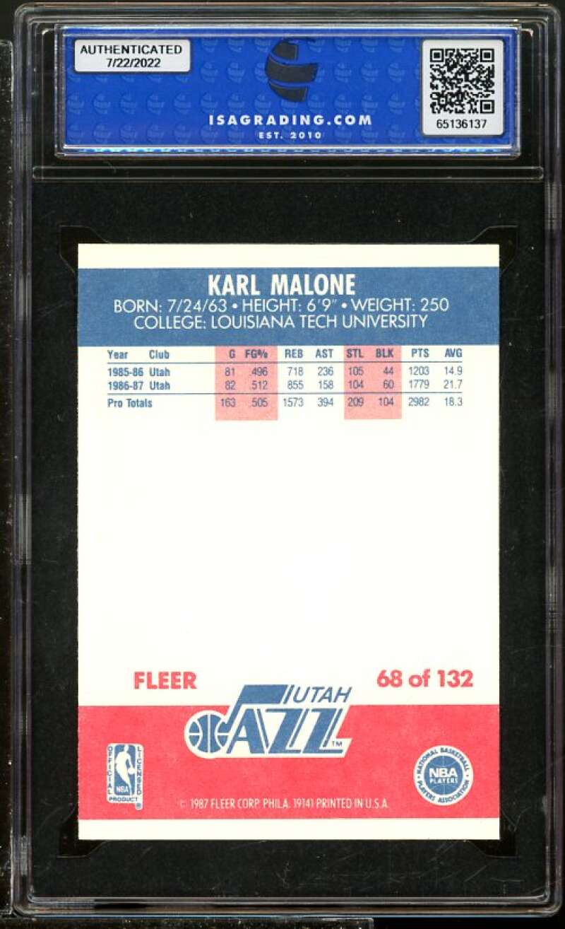 Karl Malone Card 1987-88 Fleer #68 ISA 7.5 NM+ Image 2