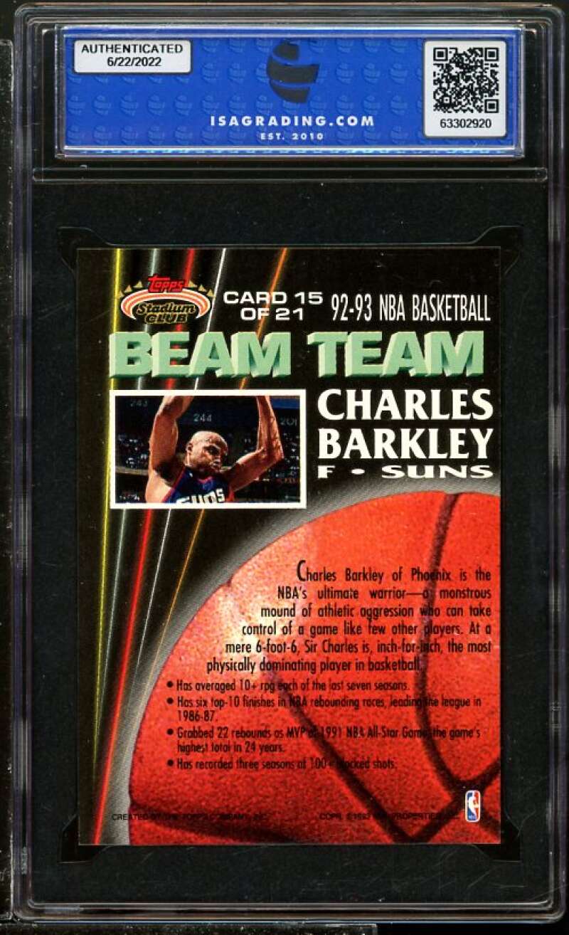 Charles Barkley Card 1992-93 Stadium Club Beam Team #15 ISA 9 MINT Image 2