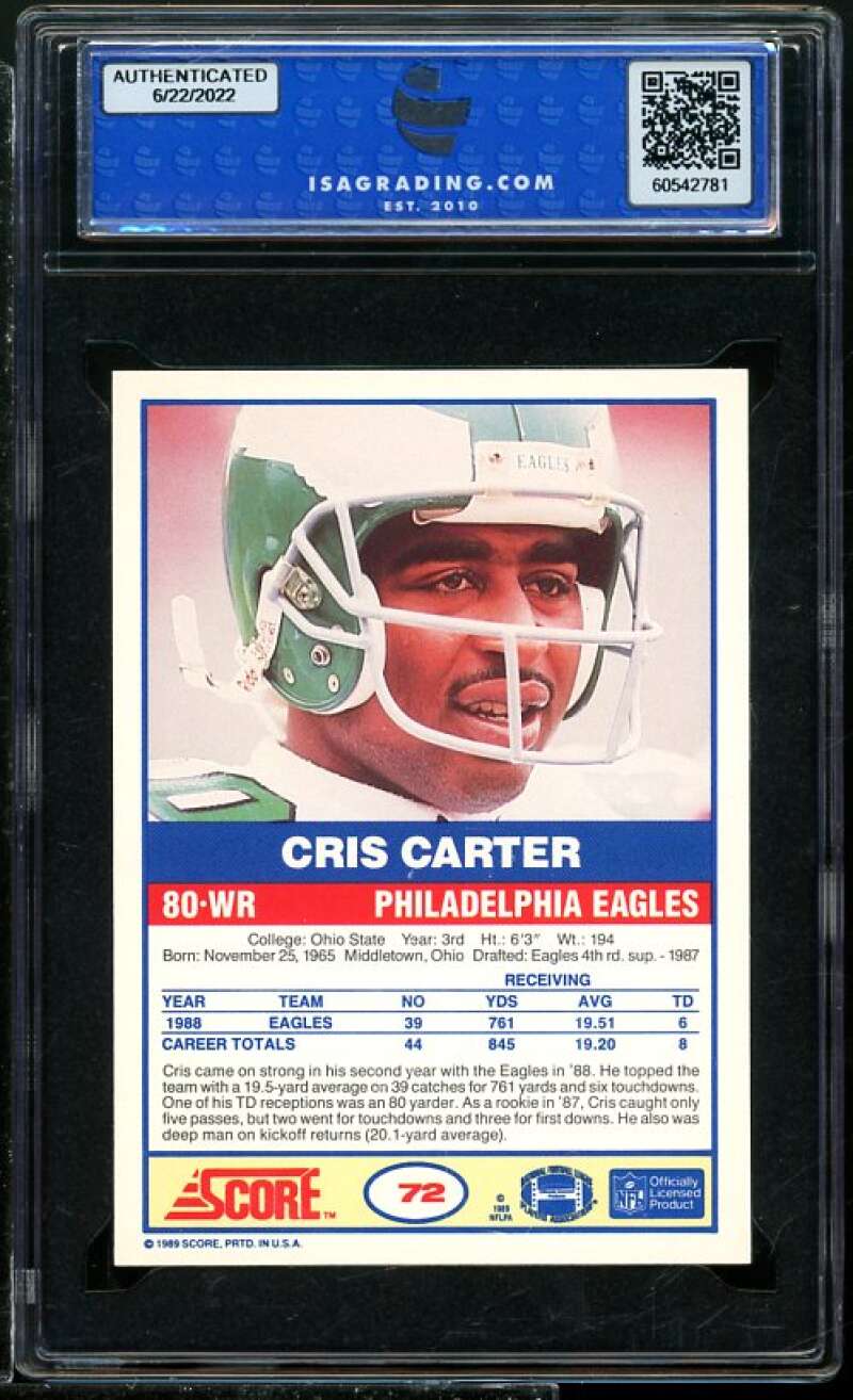 Cris Carter Rookie Card 1989 Score #72 ISA 10 GEM MINT Image 2